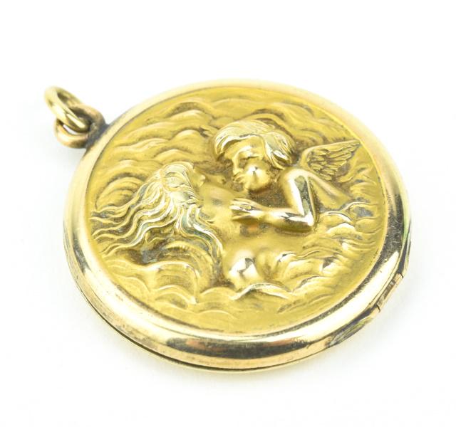 Antique C 1900 Gold Filled Locket Lady w Cherub (1 of 7)