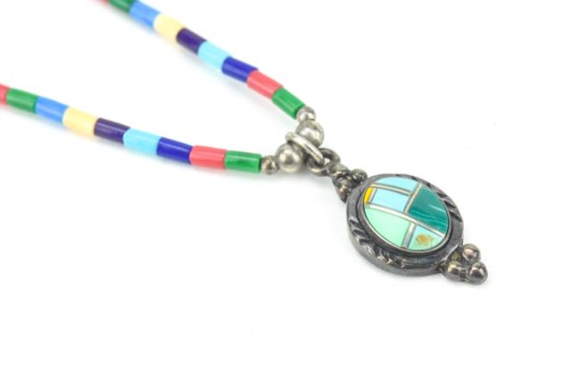 Vintage Native American Sterling Mosaic Necklace: Vintage Native American Sterling Mosaic Necklace. With turquoise and malachite. Chain measures 16 inches in length.