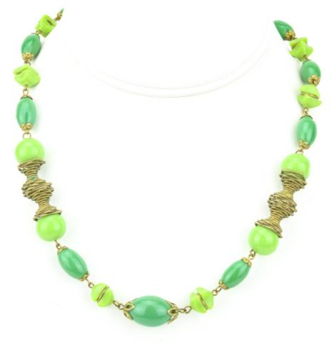 Antique Art Deco Jade Glass / Art Glass Necklace: Antique Art Deco Jade Glass / Art Glass Necklace w Gilt Metal. Measures 17.75 inches in length.