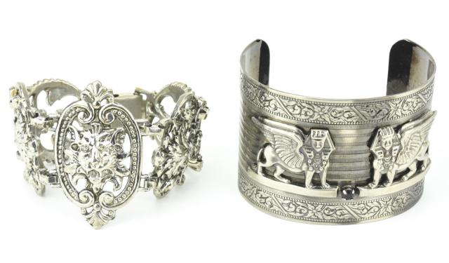 Vintage Costume Jewelry Lion & Sphinx Bracelets: Vintage Costume Jewelry Lion & Sphinx Bracelets. Articulated Renaissance Revival panel bracelet with lions and an Egyptian Revival cuff bracelet with two sphinx. Cuff measures 2.5 inches across interi