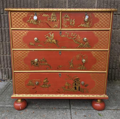 Red Lacquer Hand Painted Chinoisserie Chest (1 of 8)