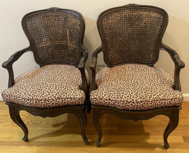 Pair Louis XV Custom Upholstered Caned Armchairs: Pair Louis XV Style Custom Leopard Upholstered Caned Back Armchairs. Measures 38 inches x 23 inches x 25 inches x 14 inches from floor to seat.
