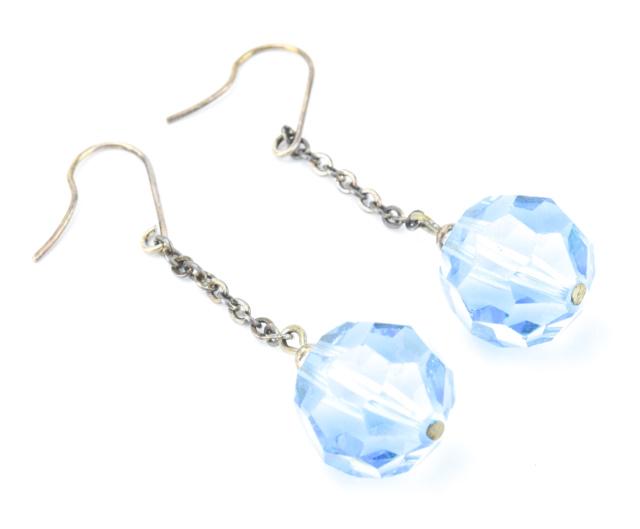 Pair Antique Art Deco Sterling & Crystal Earrings: Pair Antique Art Deco Sterling & Crystal Earrings. Having faceted aquamarine tone crystals. Each measures 2 inches in length.