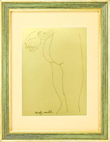 Manner of Andy Warhol Drawing of Nude: Signed Andy Warhol Drawing of Nude. In the manner of Andy Warhol. Ink on gold paper. Signed in bottom left corner. Drawing measures 11.5 inches x 8.5 inches. Frame measures 18.25 inches x 14.25 inches