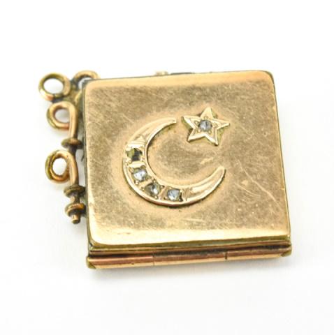 Antique 19th C 10 KT Gold Rose Cut Diamond Locket: Antique 19th C 10 KT Gold & Rose Cut Diamond Locket Locket necklace pendant with crescent moon and star design set with rose cut diamonds. Front and back panels acid test as 10 KT gold, frame is gold 