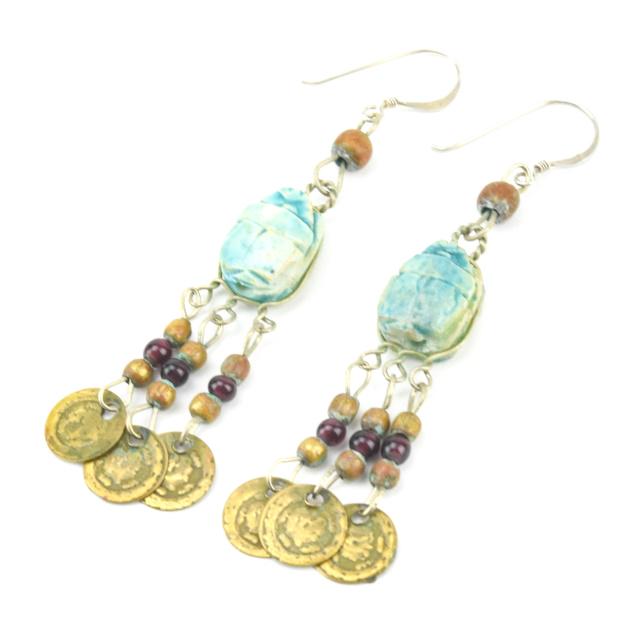 Pair Antique Egyptian Scarab & Sterling Earrings (1 of 7)