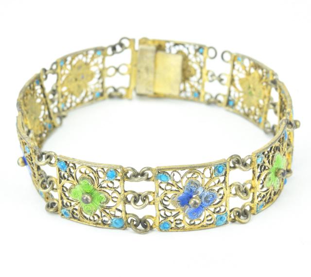Sterling, Enamel, & Filigree Panel Bracelet (1 of 6)