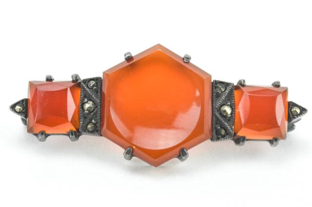 Antique German Sterling, Marcasite & Carnelian Pin: Antique German Sterling Silver, Marcasite, & Carnelian Pin. Marked on back. Measures 1.5 inches in width.