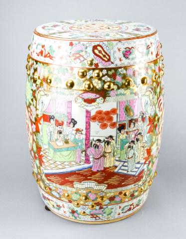Chinese Porcelain Famille Rose Garden Stool: Chinese Hand Painted Pierced Porcelain Famille Rose Garden Stool. Featuring court scenes. 18 inches x 13 inches in diameter.