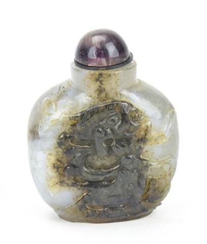 Antique Carved Agate Snuff Bottle w Amethyst Top (1 of 9)