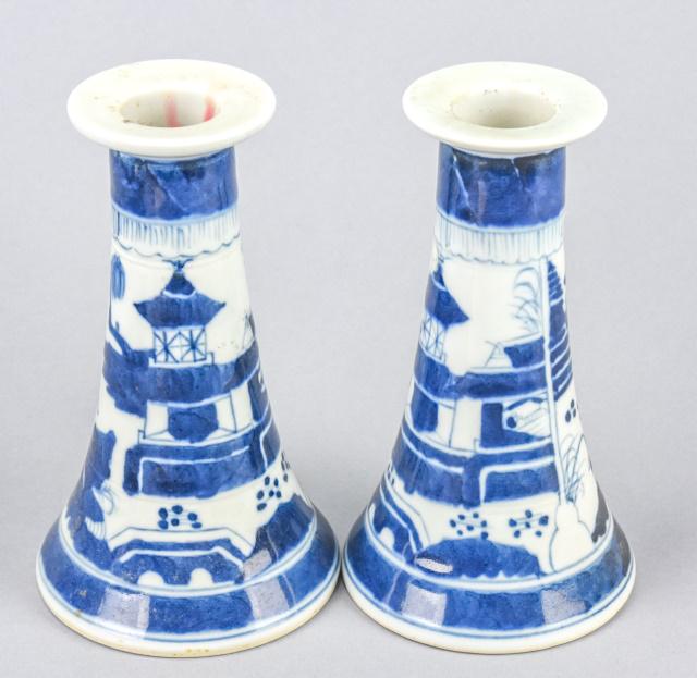 Chinese Canton Blue & White Porcelain Candlesticks (1 of 7)