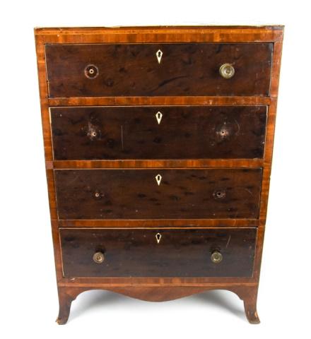 Antique English Circa 1820 Miniature Chest: Antique English Circa 1820 Miniature Chest Doll or child size or possibly a salesman's sample. Having four (4) drawers with bone eschuetcheons. Measures 24 by 17 by 11.5 inches.