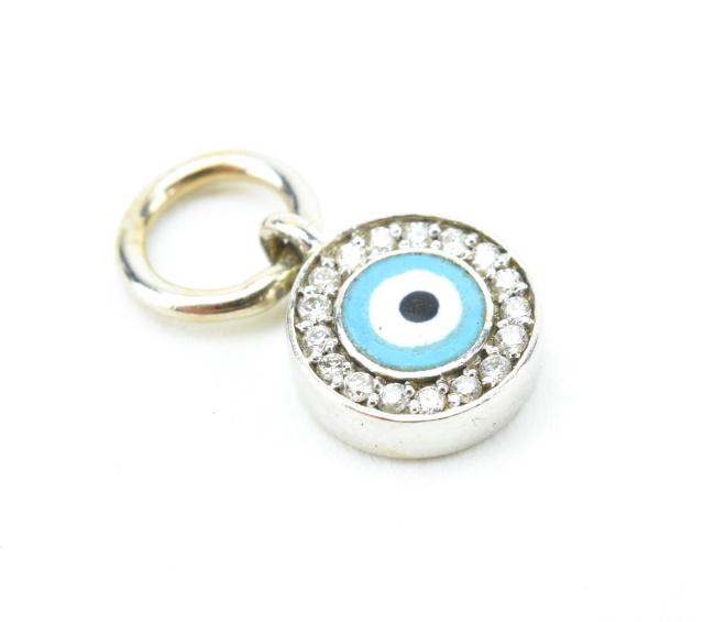 18kt White Gold Diamond & Enamel Evil Eye: 18kt White Gold Diamond & Enamel Evil Eye Necklace Pendant or Charm. Measures just over 1/2 an inch in length.