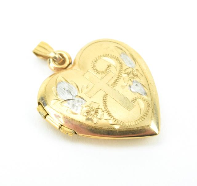 Estate Gold Filled Heart Locket Pendant w Cross: Estate Gold Filled Heart Locket Pendant w Cross. Two tone gold filled locket necklace pendant. Measures just over 1 inch in length.