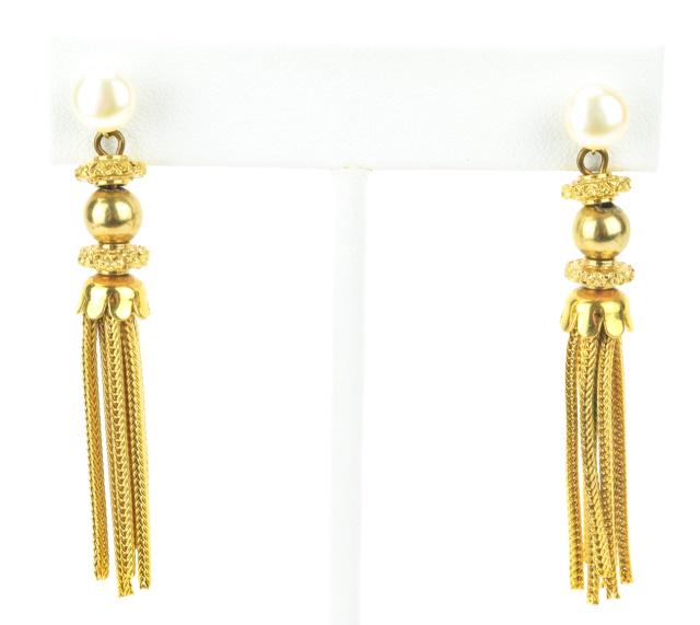 Pair 14kt Gold Pearl & Tassel Pendant Earrings: Pair 14kt Gold Pearl & Tassel Pendant Earrings. Each with high luster pearl set with 14kt yellow mount, post, bail and back. The tassels are gold filled. Each measures just over 2 inches in length.