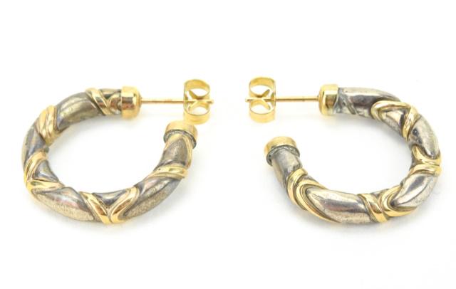 Pair 14K Gold & Sterling Silver Hoop Earrings: Pair 14K Gold & Sterling Silver Hoop Earrings. Weighs approximately 6.5 grams. Measures just over .75 of an inch in length.