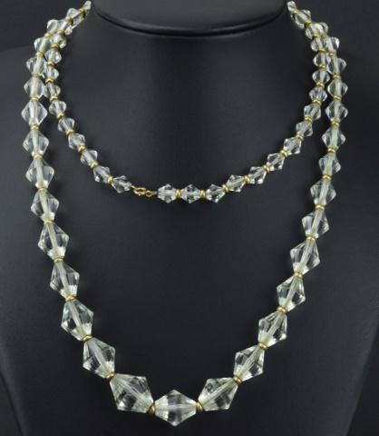 Antique Art Deco 14kt Gold & Crystal Bead Necklace: Antique Art Deco 14kt Gold & Crystal Bead Necklace. Clasp is hallmarked 14kt. Graduated size crystal beads. Measures approximately 30 inches in length.
