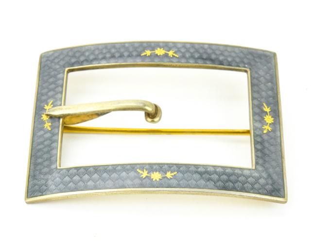 Edwardian Sterling Guilloche Enamel Buckle Brooch: Antique Edwardian Gilt Sterling & Guilloche Enamel Buckle Brooch. Hallmarked on back. Measures just under 2.5 inches in width.
