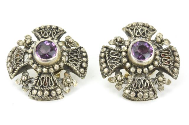 Pair Cannetille Maltese / Jerusalem Cross Earrings: Pair Cannetille Maltese / Jerusalem Cross Clip on Earrings. Earrings with central amethyst cabochon. Marked "Jerusalem" on back. Measures 1 inch in length.