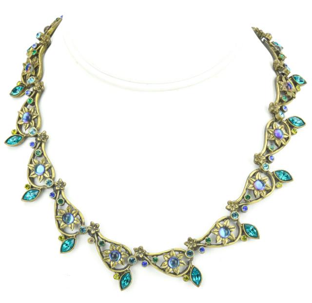 Floral Costume Necklace Manner of Jay Strongwater: Floral Gilt & Paste Costume Jewelry Necklace in the Manner of Jay Strongwater. Measures 17 inches in length.