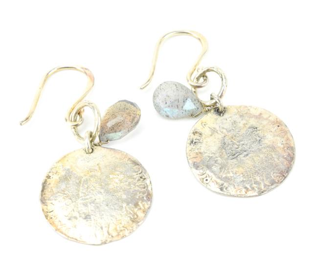 Sterling, Coin & Labradorite Briolette Earrings: Pair of Sterling, Coin & Labradorite Briolette Earrings. Each measures 1.75 inches in length.