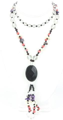 Pools of Light, Coral & Amethyst Bead Necklace: Pools of Light Crystal, Onyx, Coral & Amethyst Bead Necklace w Tassel Pendant. Measures 31 inches in length, plus tassel pendant.