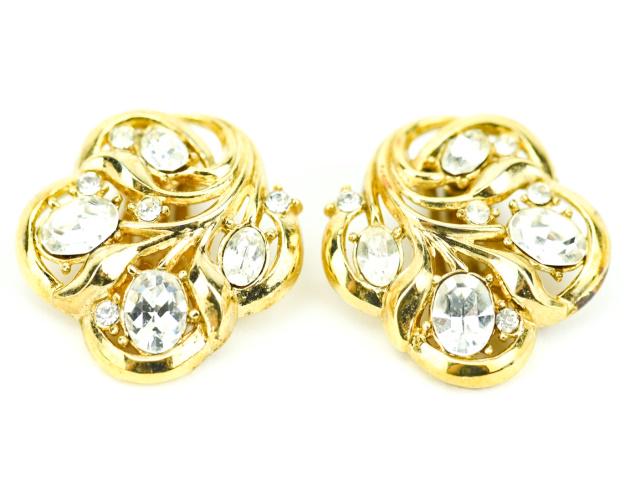 Vintage Crown Trifari Costume Jewelry Earrings: Vintage Crown Trifari Costume Jewelry Earrings. Gilt metal and rhinestone signed clip on earrings. Each measures nearly 1.25 inches in length.