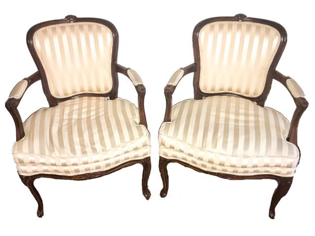 Pair French Louis XV Style Carved Frame Armchairs: Pair French Louis XV Style Carved Frame Armchairs w Upholstered Seats & Backs. Each measures 35.5 x 16 x 19 inches.
