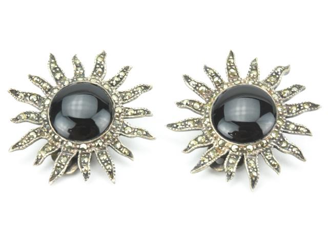 Pair Sterling Onyx & Marcasite Sun Motif Earrings: Pair Sterling Onyx & Marcasite Sun Motif Earrings. Clip ons. Each measures 1.25 inches in diameter.