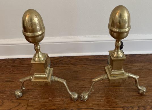 Pair Antique Federal Brass Andirons: Pair Antique Federal Brass Andirons. Measures 18.5 inches x 13 inches x 8 inches.