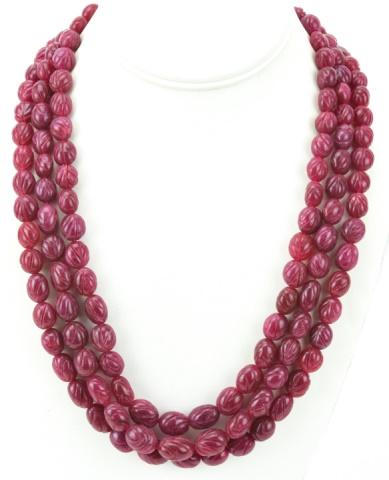Triple Strand 900 Carat Carved Ruby Bead Necklace (1 of 7)