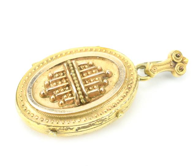 Antique 19th C Etruscan Revival Locket Pendant: Antique 19th C Etruscan Revival Locket Pendant. Gold filled / gold topped locket necklace pendant. Measures just under 1.75 inches in length.