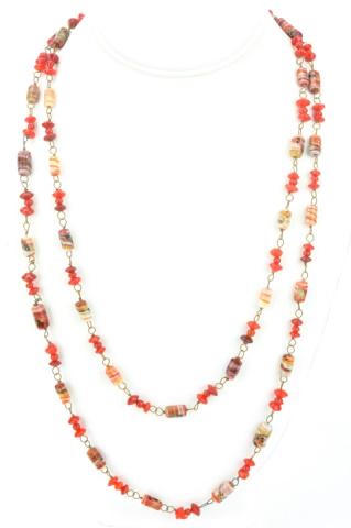 Antique Art Glass & Carnelian Glass Bead Necklace: Antique Art Glass & Carnelian Glass Bead Necklace. Measures 51 inches in length.