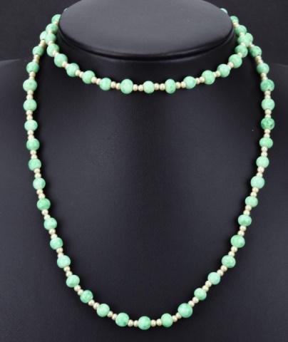 Antique Art Deco Jade Glass Necklace: Antique Art Deco Jade Glass Necklace with Faux Pearls Measures 25 inches in length.