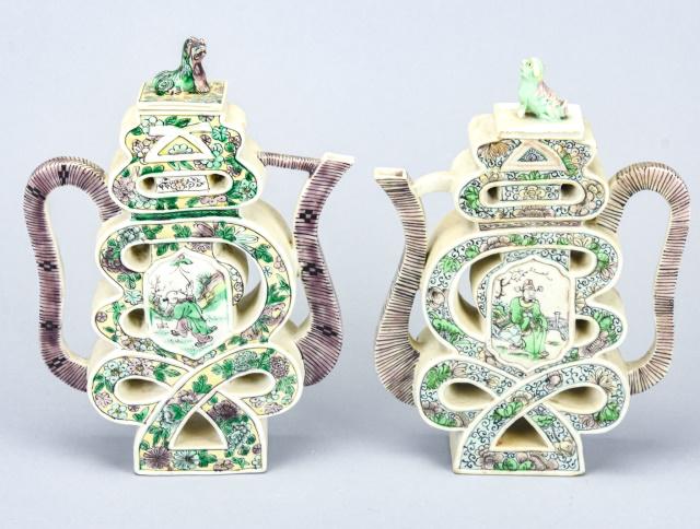 Pair Antique Chinese Famille Verte Puzzle Teapots (1 of 10)