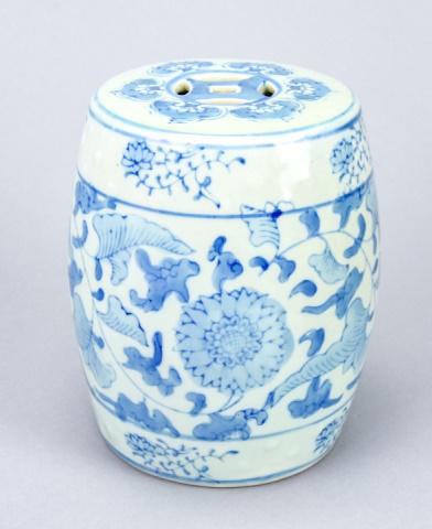 Chinese Blue & White Miniature Garden Stool: Chinese Blue & White Porcelain Miniature Garden Stool. Measures 6 inches x 5 inches in diameter.