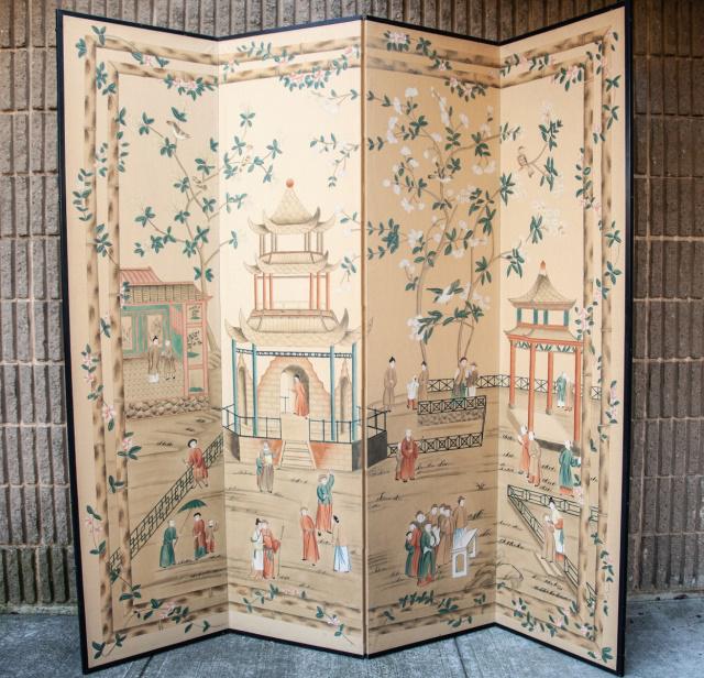 Chinese Hand Painted 4 Panel Screen w Court Scene (1 of 6)