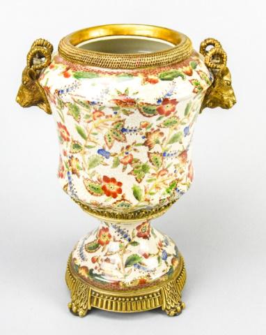 Porcelain & Ormolu Urn w Neoclassical Motifs: United Wilson Style Hand Painted Porcelain & Ormolu Urn with Neoclassical Motifs. Measures 13 inches x 11 inches.