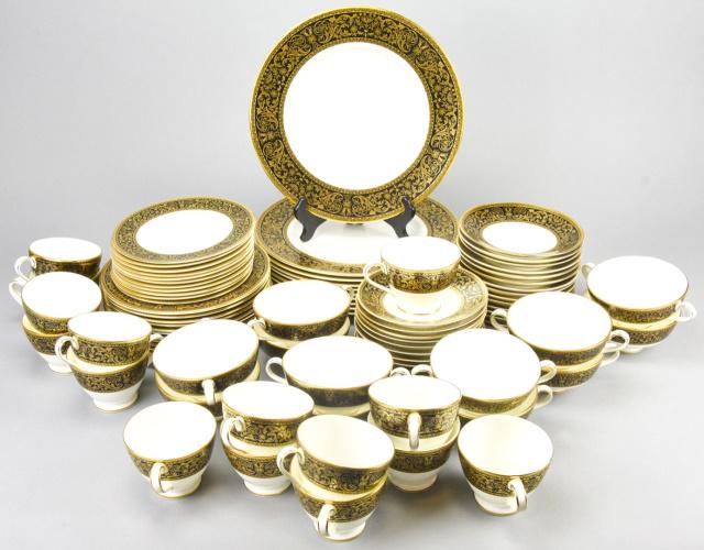Minton Bone China "Grandee" Dinner Service for 10: Minton Bone China "Grandee" Dinner Service for 10. Includes 10 dinner plates, 12 salad plates, 11 side plates, 15 teacups, 12 bouillon cups, and 27 side plates. Marked on bottom. Measures 10.5 inches.
