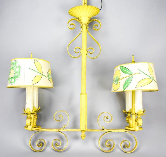 Mid C Tole & Wrought Iron Pool Table Light: Mid Century Hand Painted Tole & Wrought Iron Pool Table Light. With tole shades. Measures 38 inches x 30 inches x 12 inches.