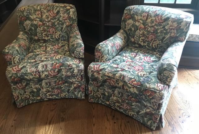 Pair Custom Upholstered Tapestry Fabric Armchairs (1 of 8)