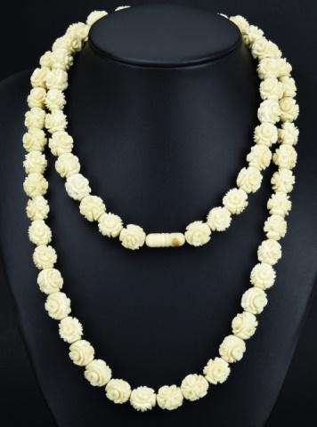 Antique Carved Bovine Bone Rose Bead Necklace: Antique Carved Bovine Bone Rose Bead Necklace. Having hand carved bovine bone rose flower motif beads. Measures 35 inches in length.