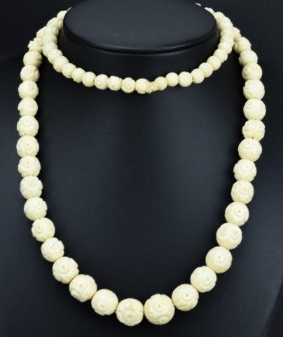 Antique Carved Bovine Bone Graduated Bead Necklace: Antique Carved Bovine Bone Graduated Bead Necklace Strand. Measures nearly 28 inches in length.