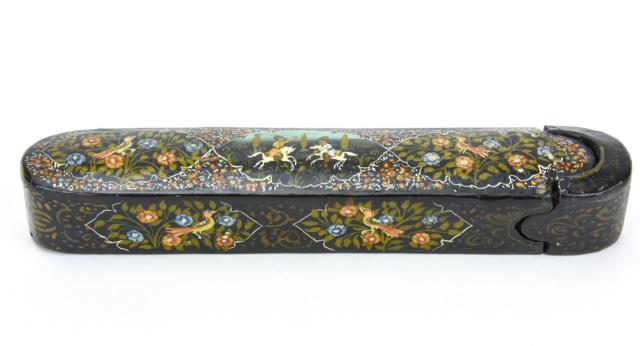Antique 19th C Persian Orientalist Paper Mache Box: Antique 19th C Persian Orientalist Paper Mache Box. Hand painted. Measures 9.25 inches in length.