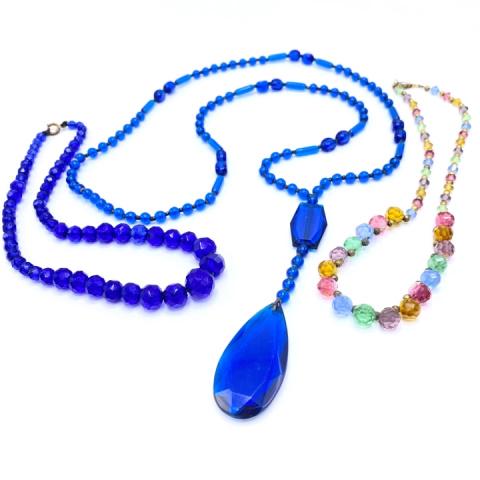 3 Vintage Blue Czech Glass Necklaces: 3 Vintage Blue Czech Glass Necklaces. All vintage or antique. Longest necklace is about 30 inches not including the pendant.