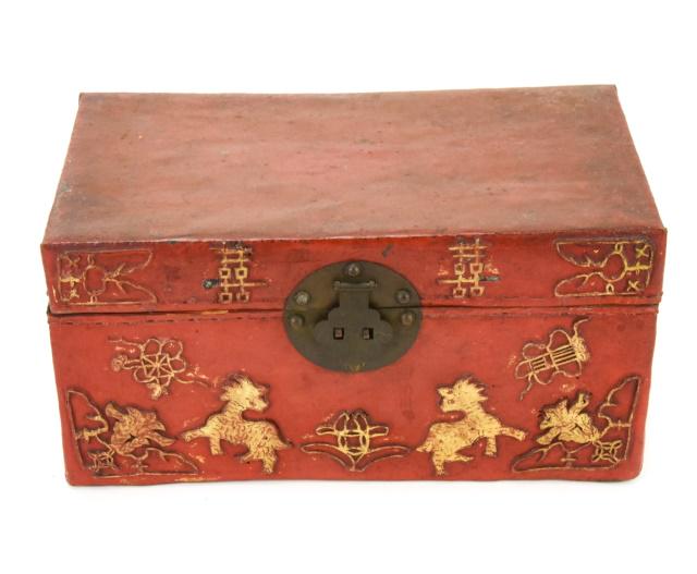Antique Chinese Fabric Lined Pig Skin Lidded Box (1 of 10)