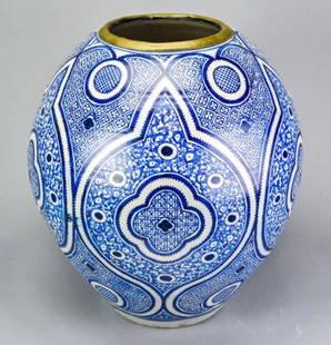 Blue & White Moroccan Ceramic Vase w Brass Rim: Blue & White Moroccan Ceramic Vase / Vessel with Brass Rim. With large ogee motifs. Marked on bottom. Measures 16 inches high 12 inches in diameter.