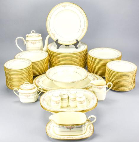 Noritake Japan Bone China Dinner Service for 16: Noritake Japan Bone China Barrymore Dinner Service for 16. Includes 16 dinner, lunch and salad plates; 16 Coffee cups and saucers, 12 soup bowls, 5 serving pieces, Teapot, creamer and sugar and 2 pair