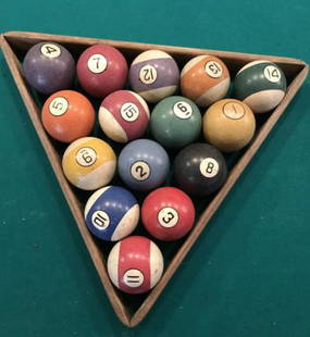 Antique Set of Pool or Billiard Balls w Triangle: Antique Set of Pool or Billiard Balls w Triangle. Triangle measures 14 x 14 inches. Property from the Historic Edgecroft Mansion in New Jersey.