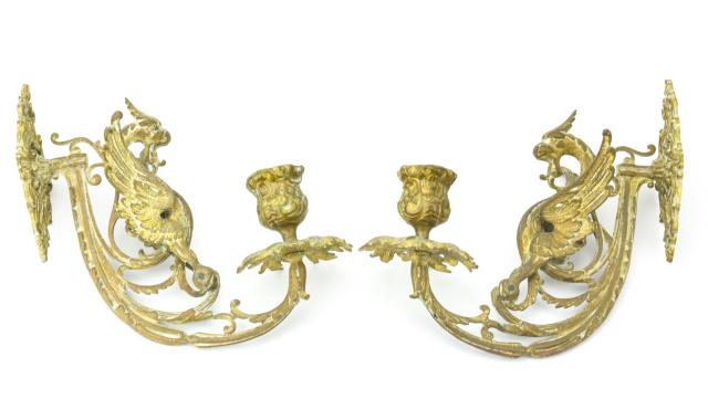 Pair of Antique 19th C Gilt Bronze Dragon Sconces (1 of 9)